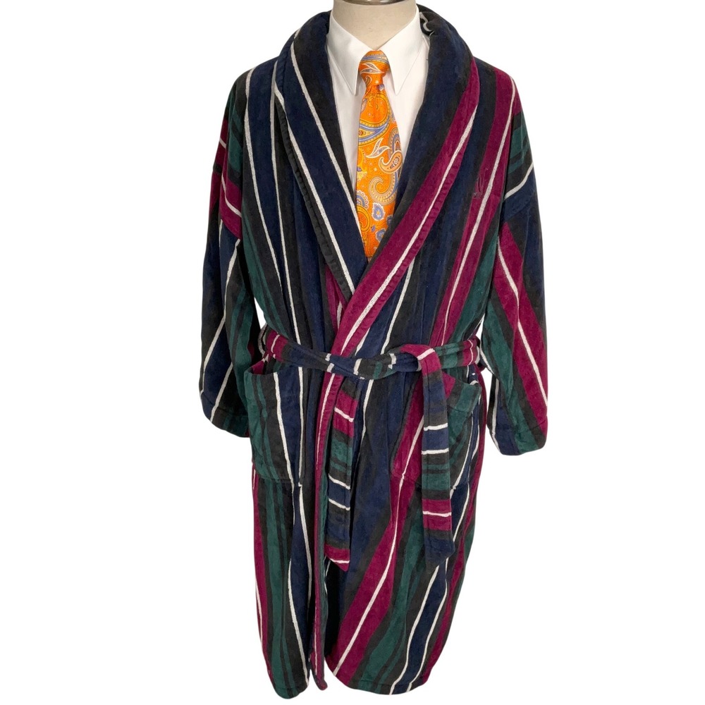 Nautica Robe Mens OS Green Blue Burgundy Stripe Stitch Logo Terry Cloth Cotton